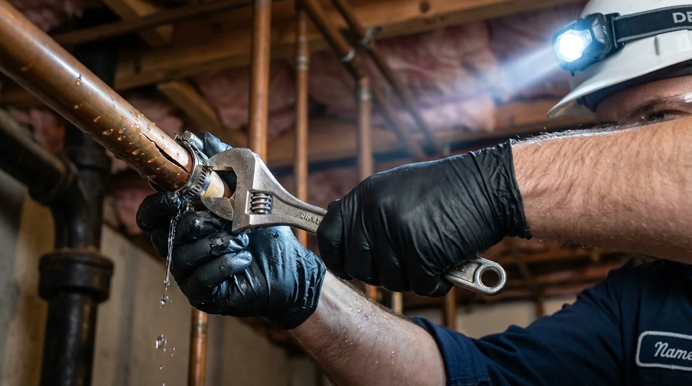 Emergency pipe clamp repair being performed by a Johns Plumbing LLC plumber in Atwood