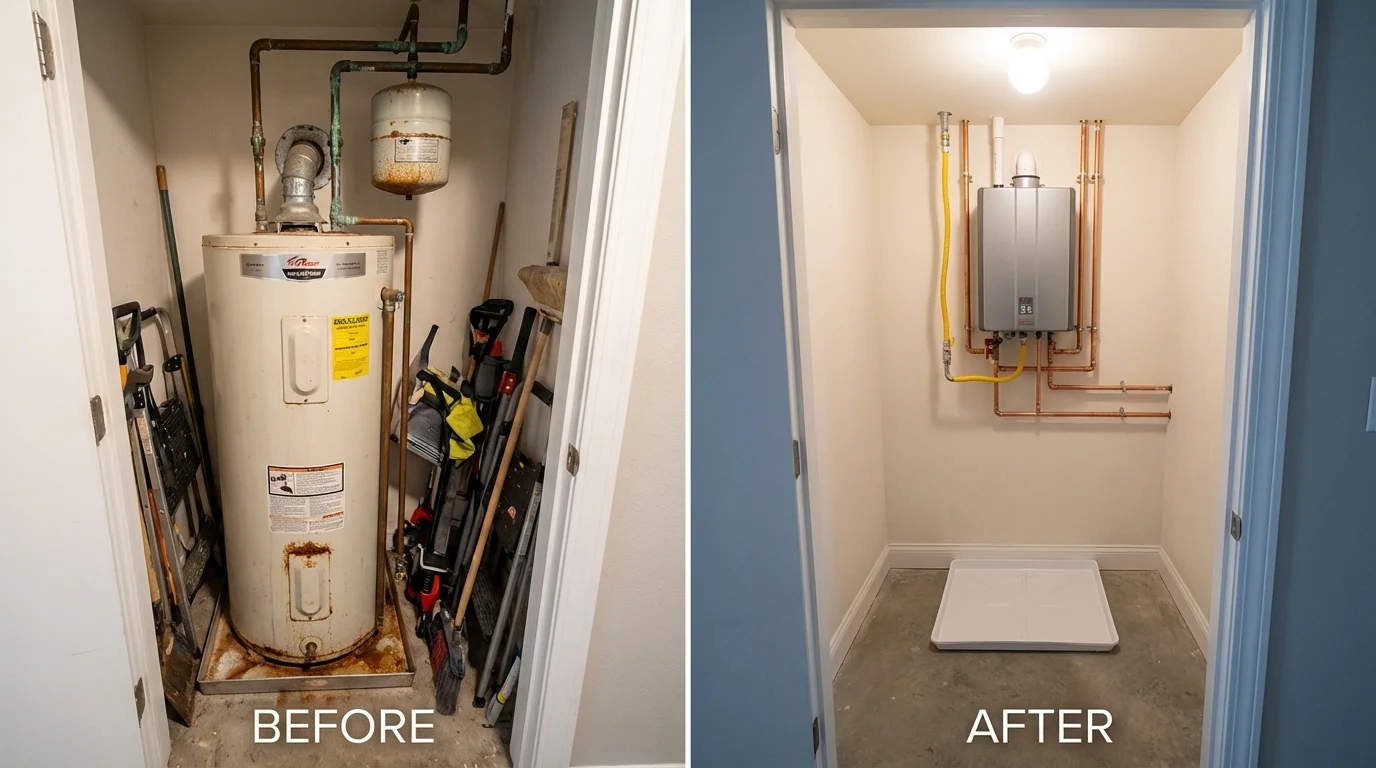 Tank water heater versus wall-mounted tankless unit comparison for Atwood, KS homeowners