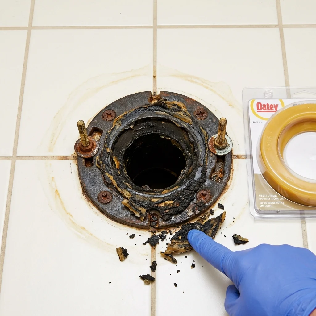 Failed wax ring showing water seepage at the base of a toilet in a Atwood, KS home